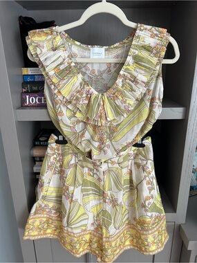 Sundays  Floral Ruffle Tank/Short Set in Yellow, Green & Pink
